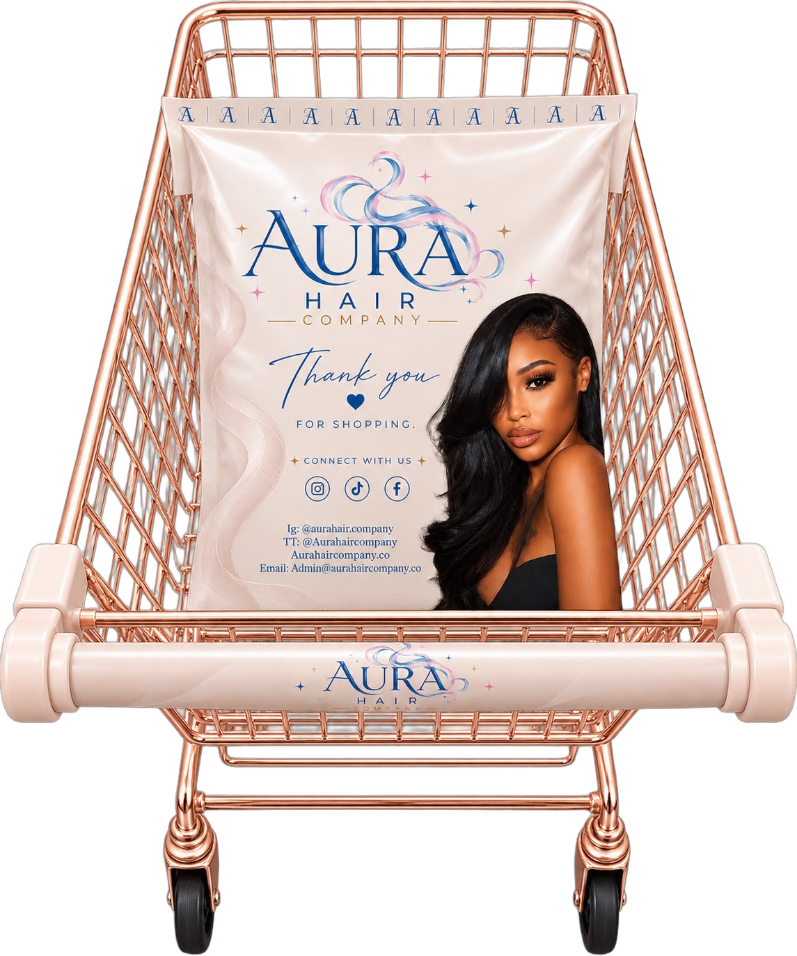 Aura Hair Company branded shipping bag inside a rose gold shopping cart